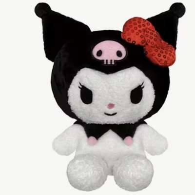 Black-and-white plush character with a red bow