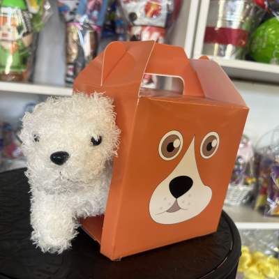 White plush dog in an orange gift box with a dog face graphic
