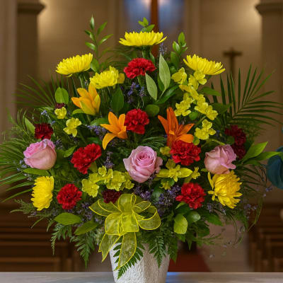 Colorful flower arrangement in a white vase