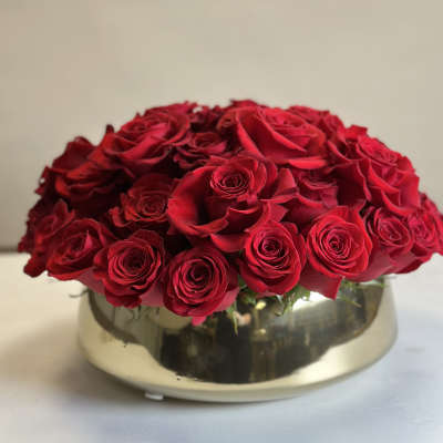 Red roses arranged in a low gold bowl