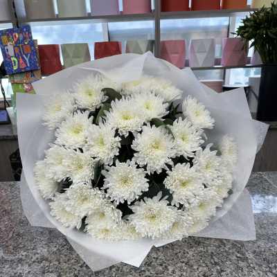 Bouquet of white chrysanthemums wrapped in white paper