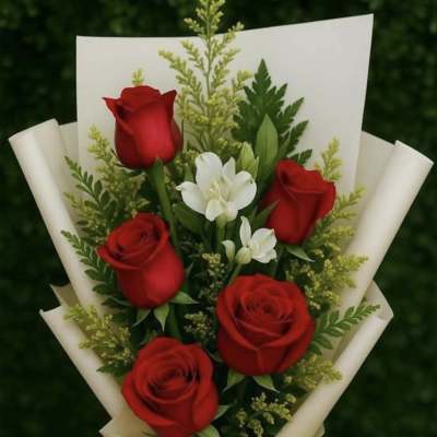 Bouquet of red roses and white flowers wrapped in cream paper with a ribbon