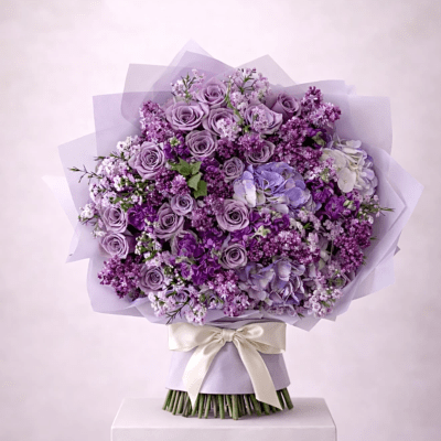 Lavender rose bouquet with purple filler flowers and a satin ribbon