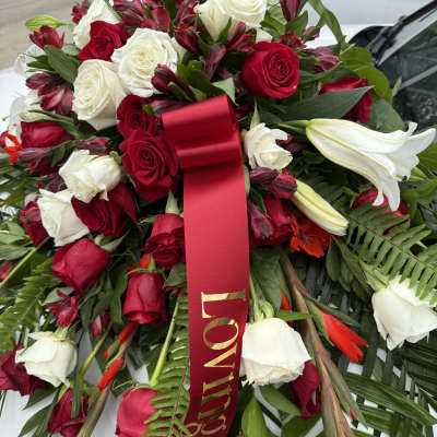 Red & white Alstromeria Casket Spray