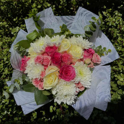 Bouquet of pink and white roses with white chrysanthemums wrapped in white paper