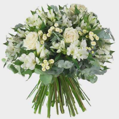 White rose and lily bouquet with eucalyptus greenery