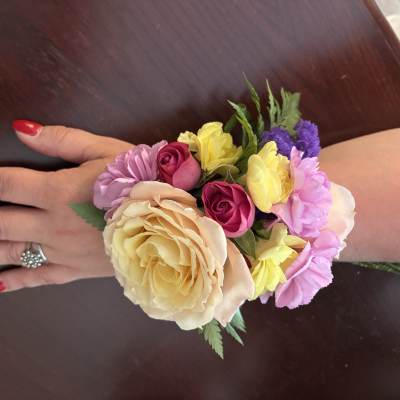 Colorful wrist corsage.