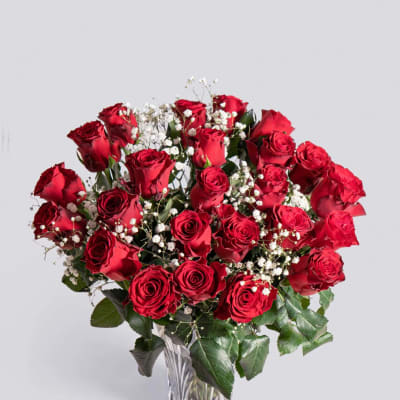 Bouquet of red roses with white baby's breath in a clear glass vase