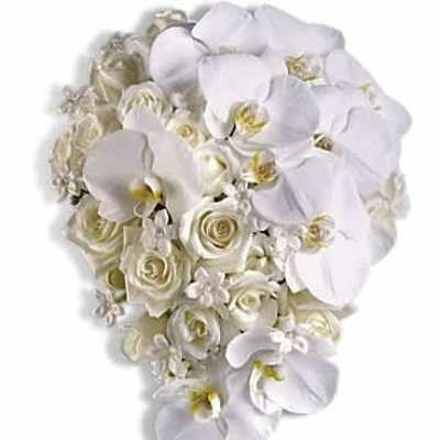 Cascade bouquet of white roses and white orchids in a teardrop shape