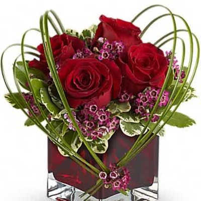 Short red rose arrangement with pink filler flowers in a red cube vase and curved green loops.