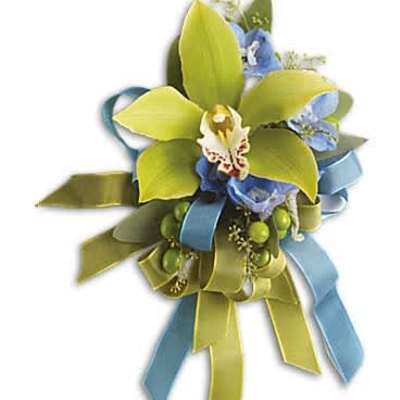 Green orchid and blue flower corsage with green and blue ribbons