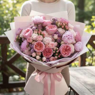 Pink rose bouquet wrapped in pale pink paper with a ribbon