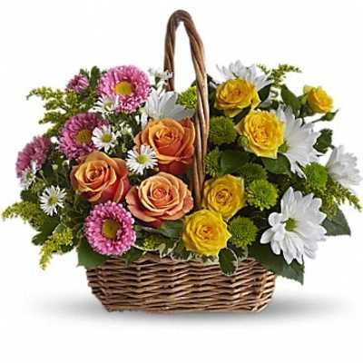 Basket of pink, yellow, and orange roses with white daisies