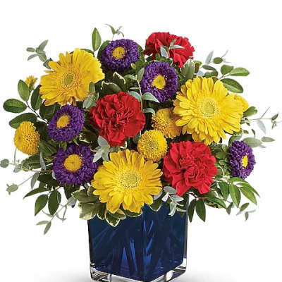 Colorful bouquet of yellow, purple, and red flowers in a blue glass vase