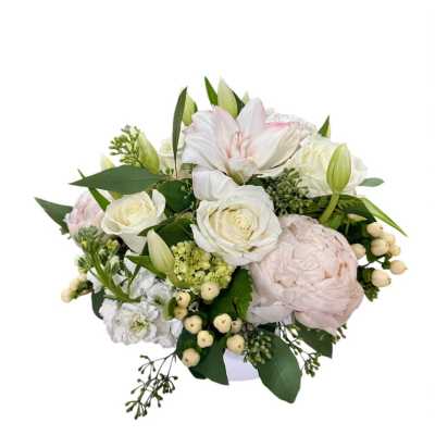 White and blush bouquet with roses, lilies, and peonies