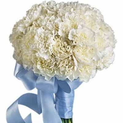 Round bouquet of white carnations tied with a long light blue satin ribbon