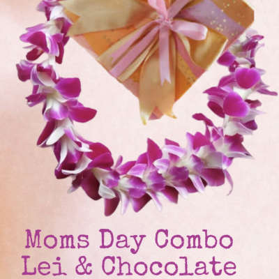Purple-and-white lei with a wrapped chocolate gift box