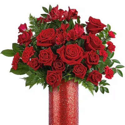 Red roses in a glittery red vase