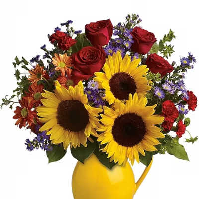 Sunflowers, red roses, and purple daisies in a yellow pitcher vase