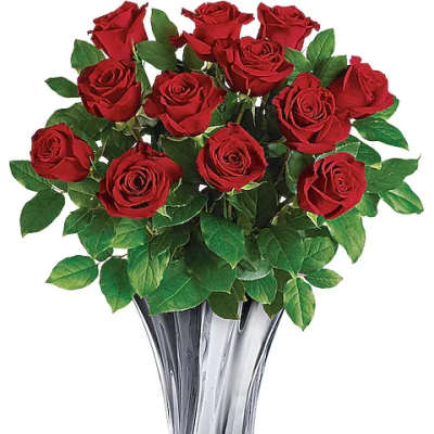 Red roses arranged in a clear glass vase