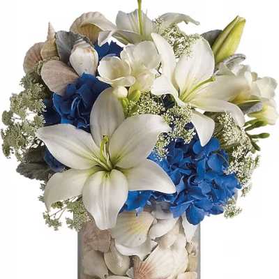 White lilies and blue hydrangeas in a shell-filled glass vase