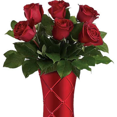 Red roses arranged in a red vase