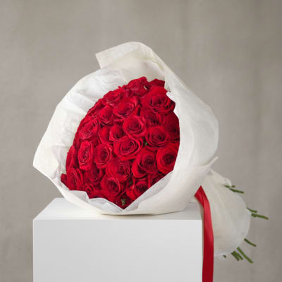 Large bouquet of red roses wrapped in white paper with a red ribbon