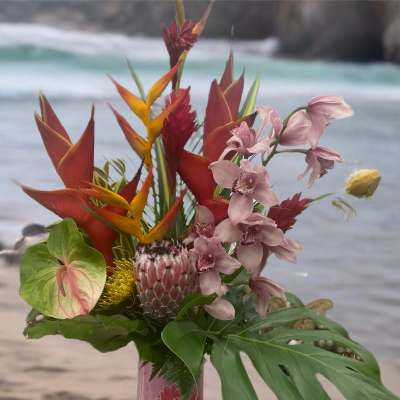 Tropical bouquet in a pink vase with orchids and red-orange heliconia