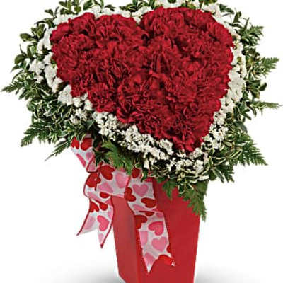 Heart-shaped red carnation arrangement with white accents in a red container with heart ribbon