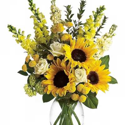 Sunflower and white rose bouquet in a clear glass vase