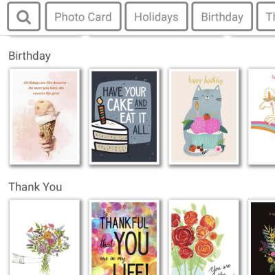 A screen showing greeting card thumbnails for birthdays, thanks, congratulations, and sympathy.