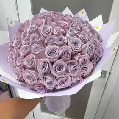 Large bouquet of lavender roses wrapped in pastel paper