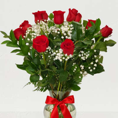 Dozen Red Rose's in a vase with baby breath