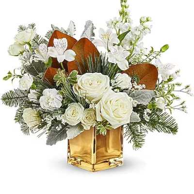 White roses and white blooms arranged in a gold vase
