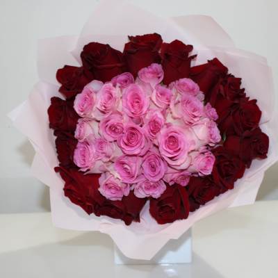 Bouquet of pink and red roses wrapped in pale pink paper