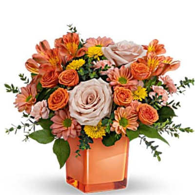 Orange and blush bouquet in a square glass vase