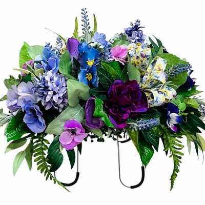 Colorful floral arrangement with purple, blue, and pink blooms