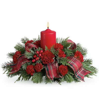 Red candle centerpiece with pine, red flowers, and plaid ribbon