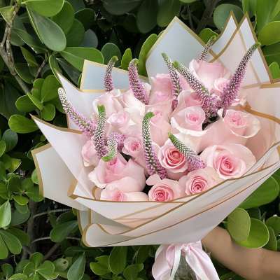 Bouquet of pale pink roses with pink spike flowers in white wrapping