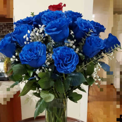 23 blue Rose's and 1 red in de center in a vase