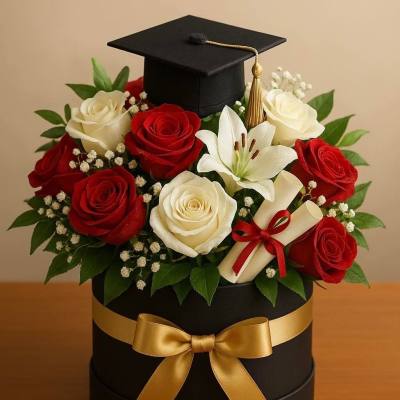 Graduation cap floral arrangement with red and white roses in a black hat box