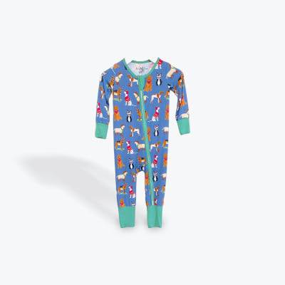 Blue children's pajama romper with colorful dog prints