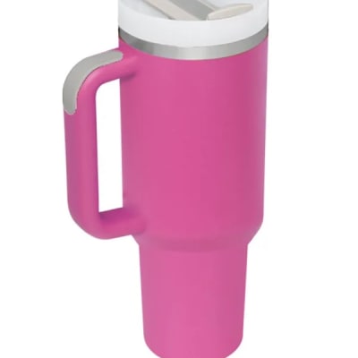 Pink insulated tumbler with a handle and straw lid