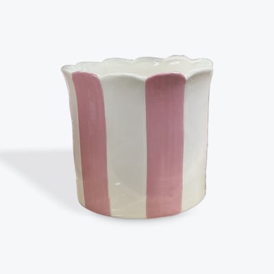 Pink and white striped ceramic planter with a scalloped rim