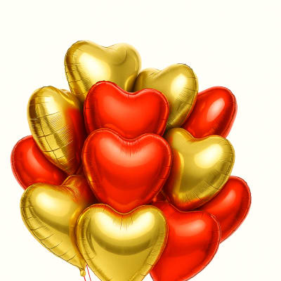 Cluster of red and gold heart-shaped balloons on strings