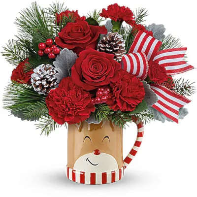 Red roses and carnations in a festive reindeer mug with striped ribbon