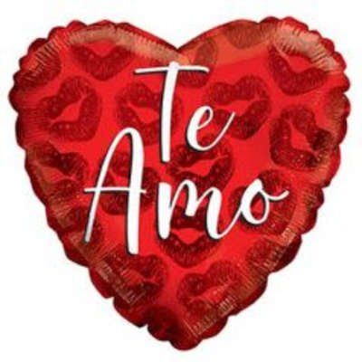 Red heart-shaped balloon with "Te Amo" text