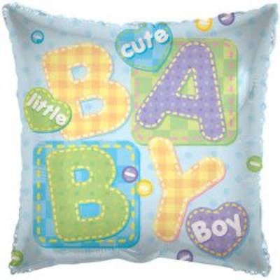 Blue baby boy pillow with colorful patchwork letters