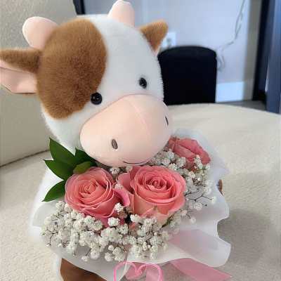 Cow Plush & Pink Roses