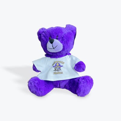 Purple teddy bear wearing a white T-shirt with a pirate logo